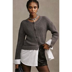 Anthropologie Cropped Twofer Cardigan Chunky Knit Size Small Gray White Shirt